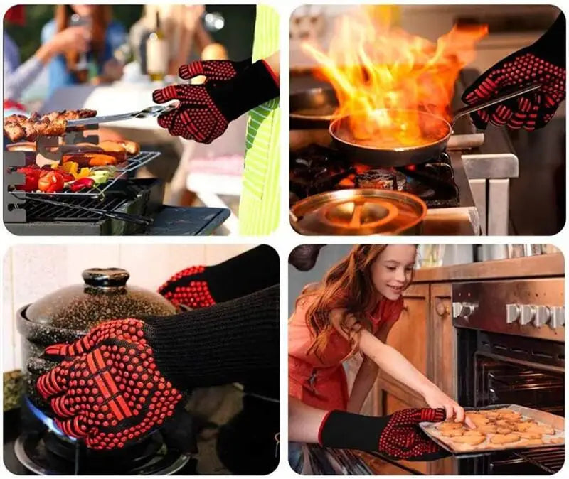 BBQ Gloves Fireproof Heat Resistant Oven Mitts Silicone Non-Slip Kitchen Grilling Gloves Barbecue Cooking Baking Smoker Gloves