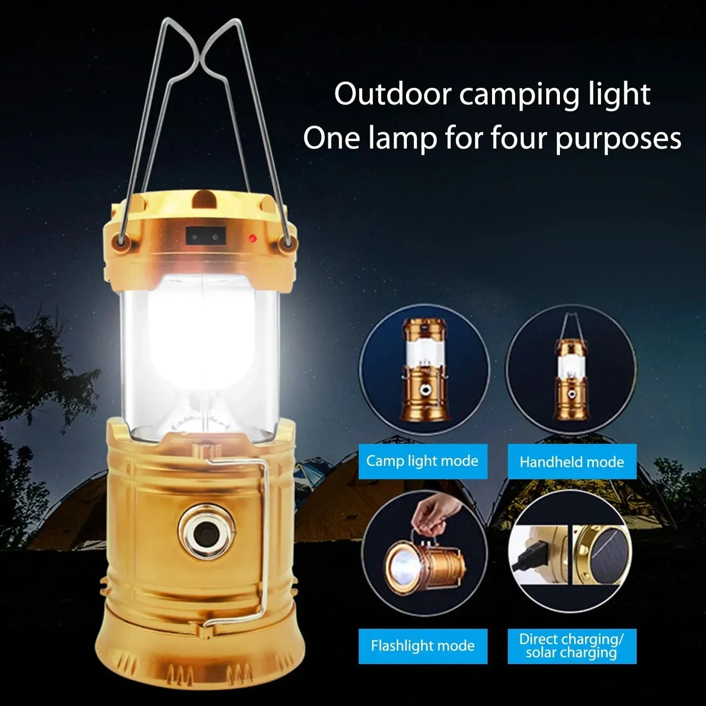 Solar Portable Lantern LED Flashlight Telescopic Torch Outdoor Camping Light Tent Lamp USB Rechargeable Emergency Work Light