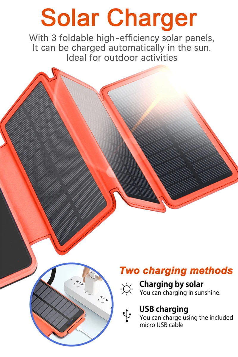 Folding Solar Power Bank 20000mAh Portable External Battery Charger for iPhone 14 13 Powerbank with LED Light Dual 2.1A USB Port