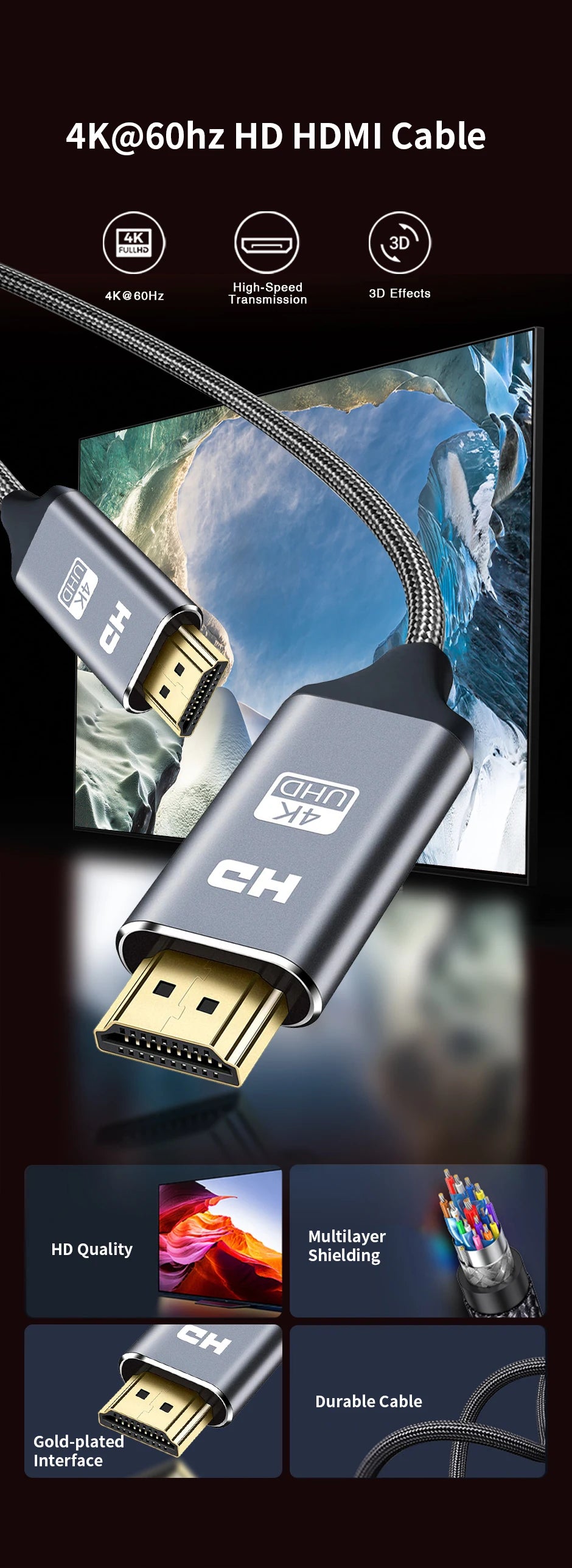 HDMI 2.0 Cable 4K HDR 3D High Speed Ethernet Cable for PS3  PS4 Xbox Fire TV Stick Blue Ray Player