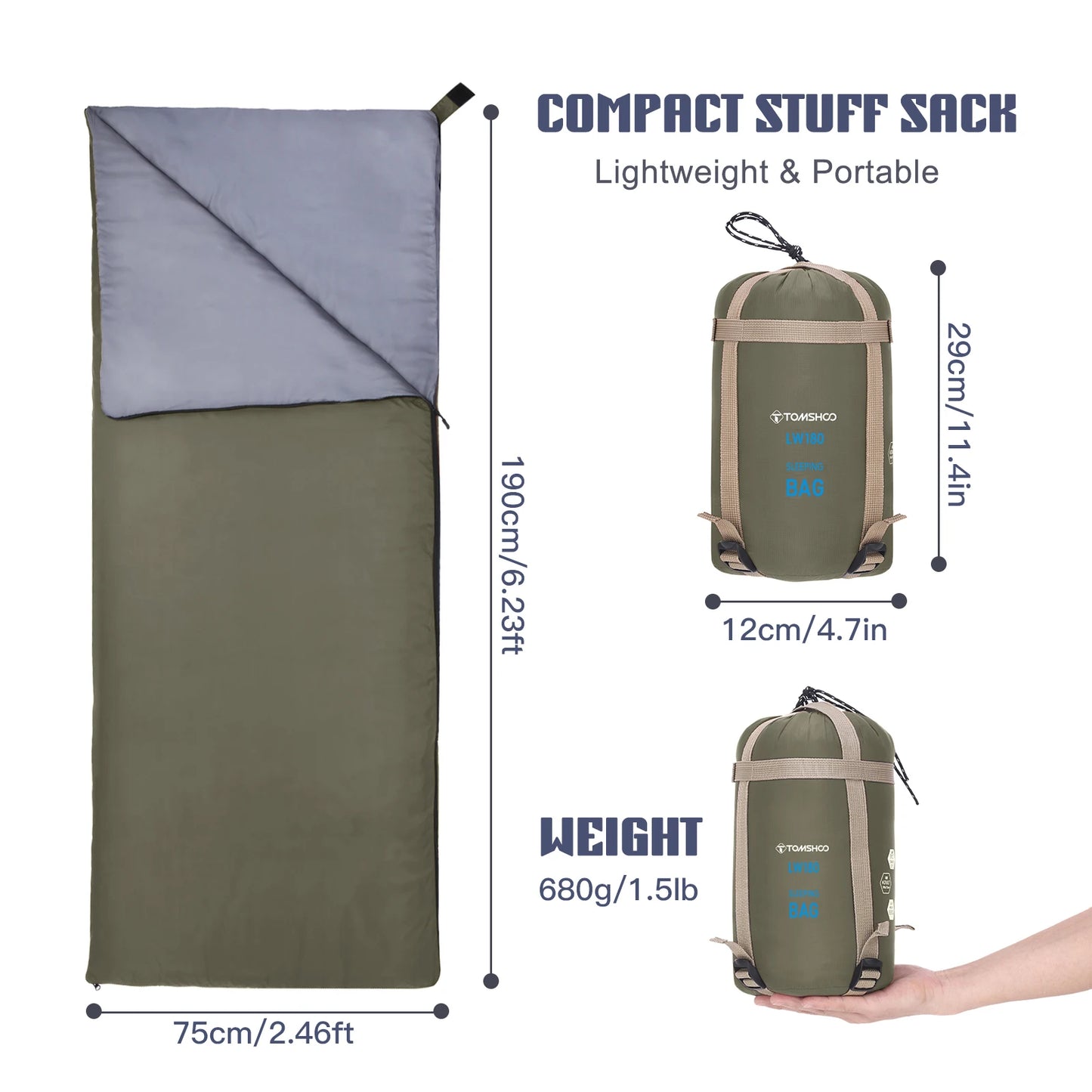 Tomshoo Ultralight Sleeping Bag for Adults 3 Season Outdoor Envelope Sleeping Bag for Camping Backpacking Travel Hiking Supplies