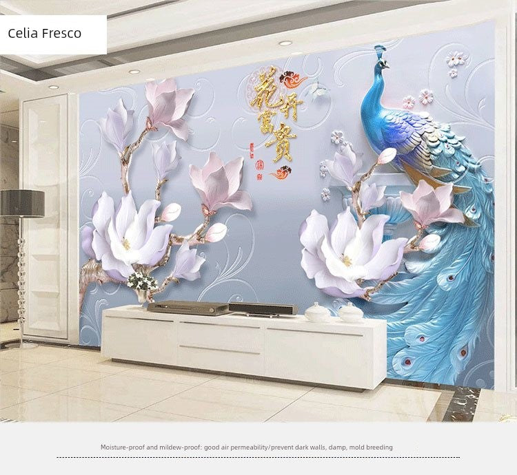 European-Style 3D TV Background Wallpaper Chinese Style Living Room Bedroom Peacock 5 8D Three-Dimensional Concave-Convex Relief Wall Cloth Mural