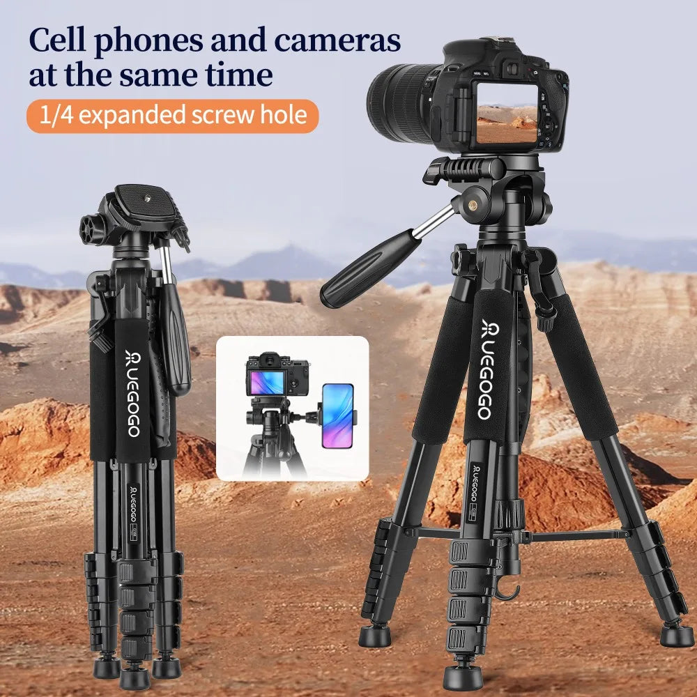Q188 187cm/73in Tall Tripod Stand for Professional Camera Spotlight Telescope Binoculars 360° Rotatable Phone Holder for Video