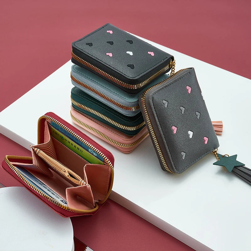 Pu Leather Card Bag Mini Wallet Ladies Money Clip Love Embroidery Multifunctional Wallet Women Short Certificate Storage Bags