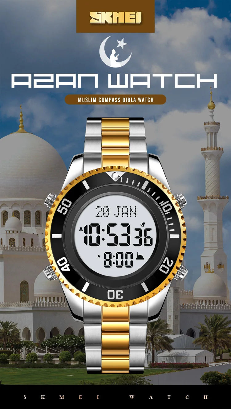 SKMEI 2141 Stainless Steel Digital Watche Muslim Azan Prayer Compass Clock Adhan Alarm Hijri Islamic Wristwatch with Back Light