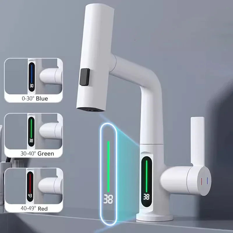 Waterfall Temperature Digital Display Basin Faucet Lift Up Down Stream Sprayer Hot Cold Water Sink Mixer Wash Tap For Bathroom