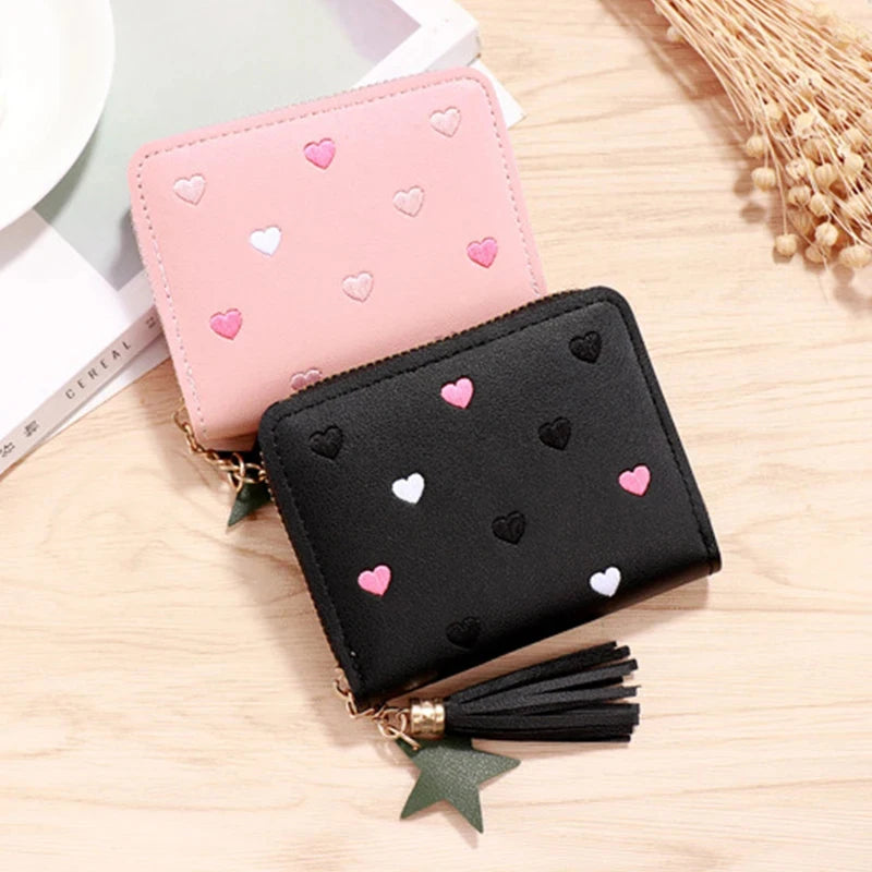 Pu Leather Card Bag Mini Wallet Ladies Money Clip Love Embroidery Multifunctional Wallet Women Short Certificate Storage Bags