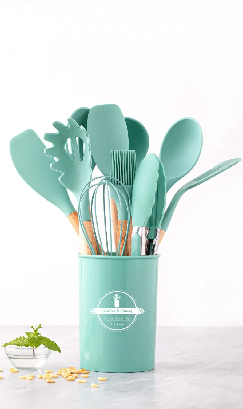12Set of Wooden Handle Silicone Household Kitchen Tools Non-Stick Pan Cooking Spatula and Soup Spoon Silicone Kitchenware Set