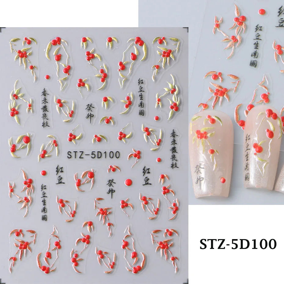 5D Embossed Flower Nail Stickers Decals Sunflower Daisy Spring Engraved Sliders DIY Manicure Decoration Accesories