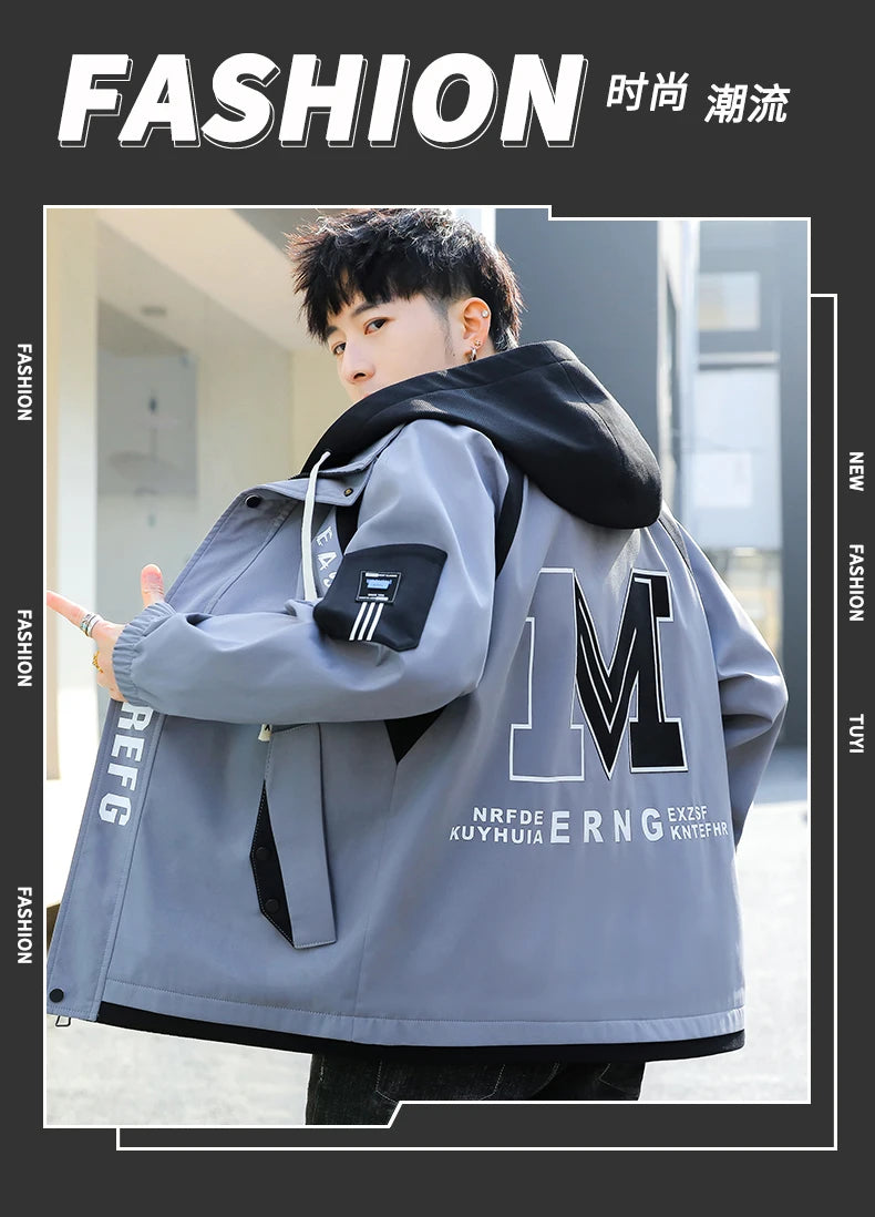 Fashion Spring Autumn Casual Hooded Jacket For Men's Loose Coat Hip Hop Streetwear Zipper Windbreaker Youth Outdoor Top Clothing