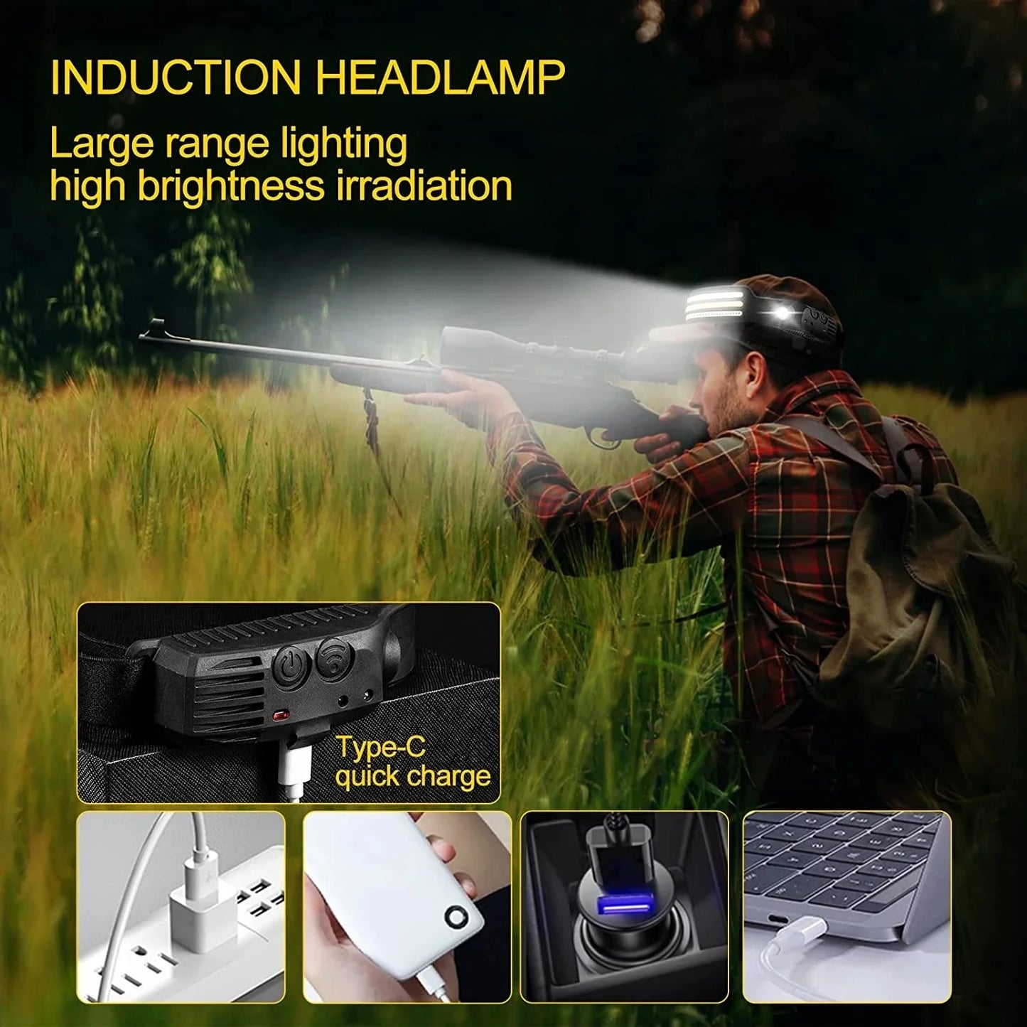Head Led Light Sensor HeadLight Type-c Rechargeable Head Torch Light Front Led Head Flashlight Super Bright Waterproof Headlamp