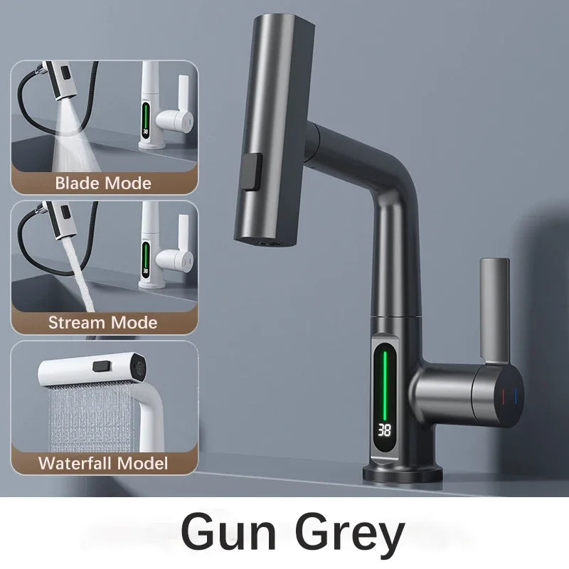 Waterfall Temperature Digital Display Basin Faucet Lift Up Down Stream Sprayer Hot Cold Water Sink Mixer Wash Tap For Bathroom