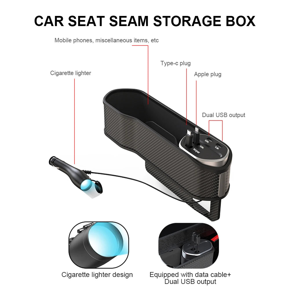 Car Seat Gap Filler Organizer USB Type-C Front Seat Console Side Pocket 10W Car Seat Gap Holder Multifunctional Wireless Charger