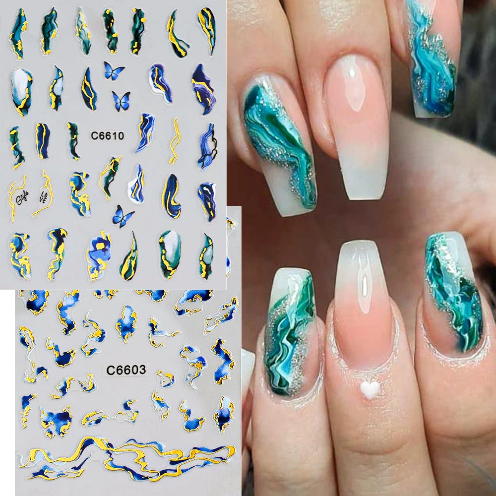 1Pcs Blue Purple Marble Stripe 3D Nail Art Stickers Bronzing Wave Line Ink Blooming Geometry Slider Self-Adhesive Manicure Decal