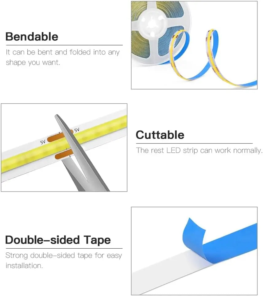 1M-5M USB LED Strip Light 5V 320LEDs/M COB Touch Sensor Dimmable Lamp Tape DIY TV Mirror Backlight Kitchen Room Night Lighting