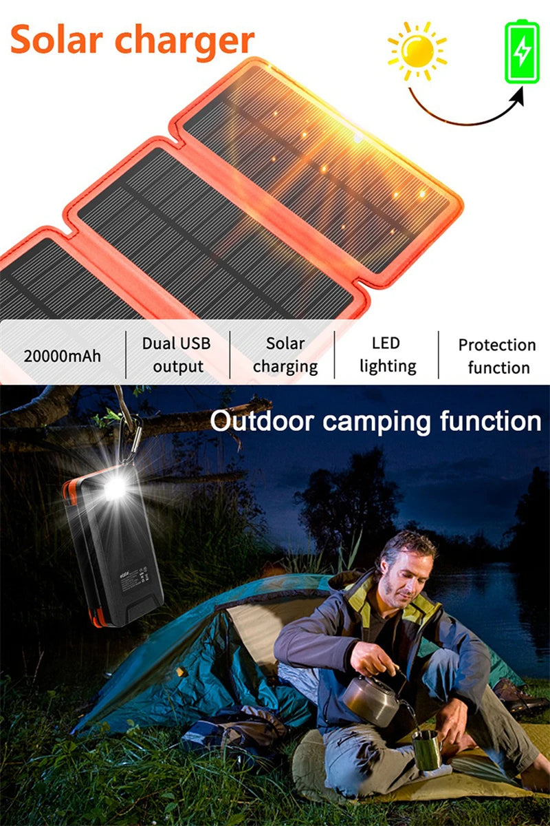 Folding Solar Power Bank 20000mAh Portable External Battery Charger for iPhone 14 13 Powerbank with LED Light Dual 2.1A USB Port