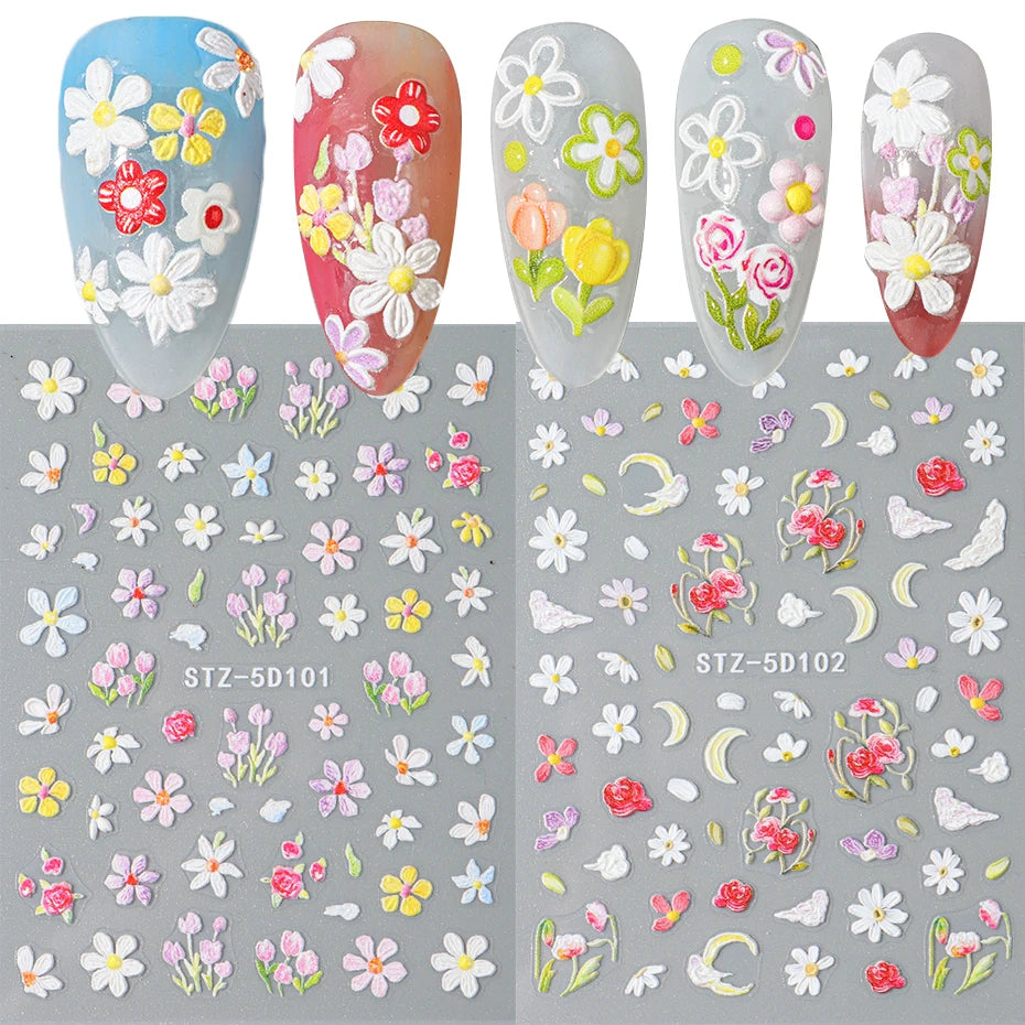 5D Embossed Flower Nail Stickers Decals Sunflower Daisy Spring Engraved Sliders DIY Manicure Decoration Accesories