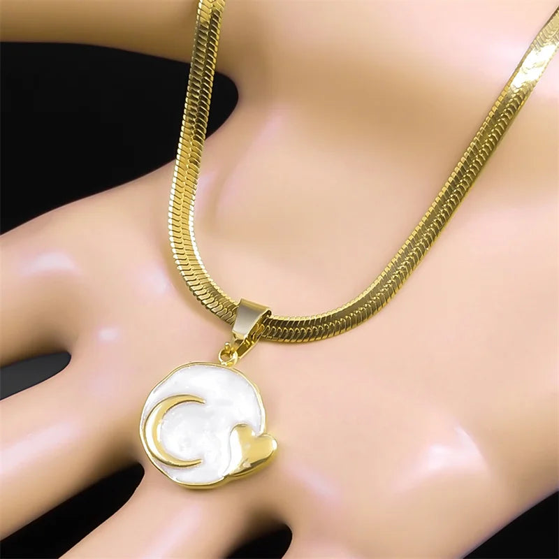 Moon Heart Enamel Lava Pendant Necklace for Women Korean Stainless Steel Gold Color Clavicle Chain Necklaces Jewelry NZZZ397S04
