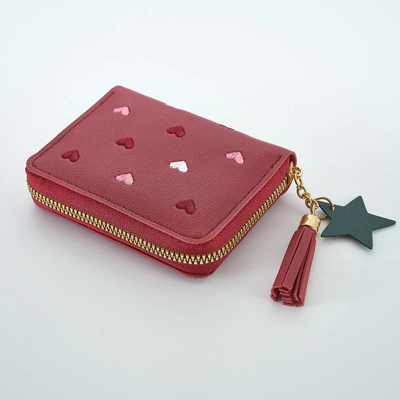 Pu Leather Card Bag Mini Wallet Ladies Money Clip Love Embroidery Multifunctional Wallet Women Short Certificate Storage Bags