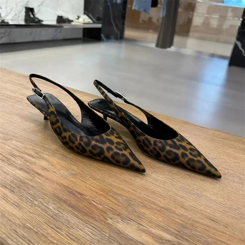 FEDONAS Ins Women Kitten Heels Slingbacks Sandals Leopard Genuine Leather Pointed Toe Party Wedding Shoes Woman Quality Pumps