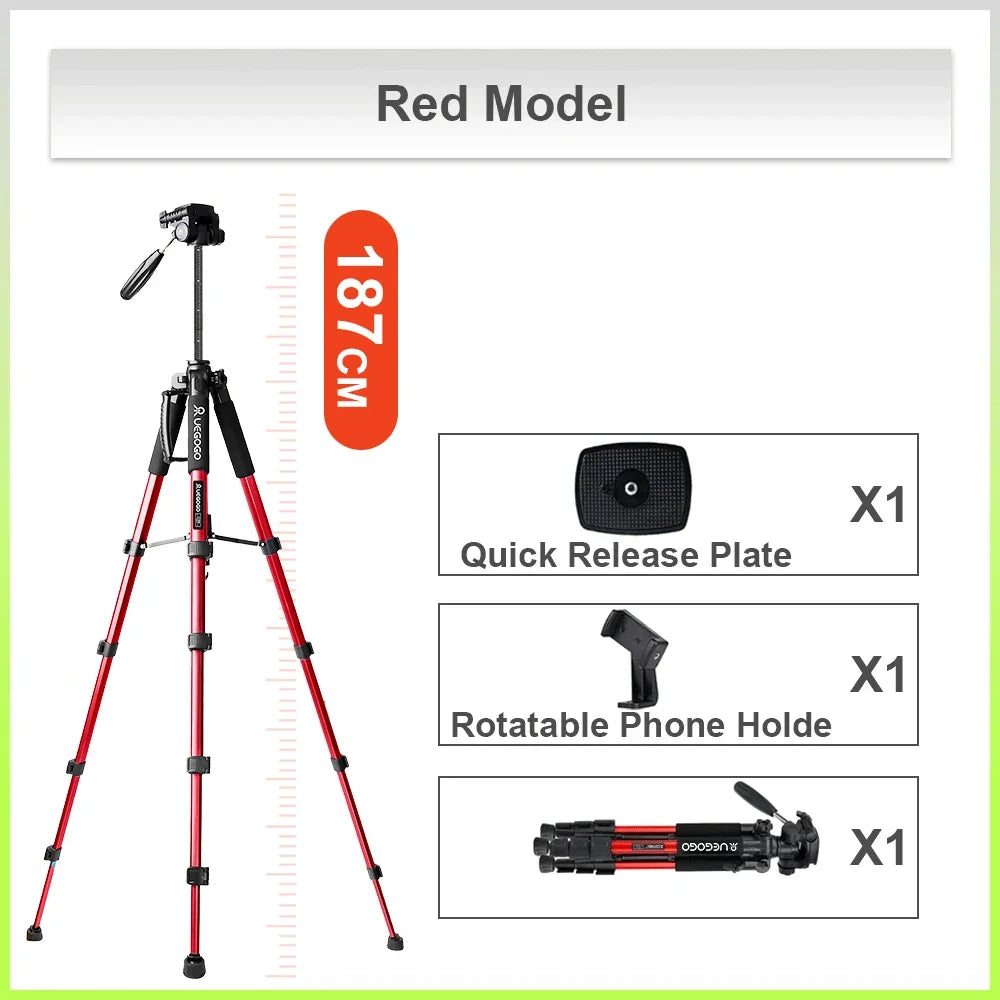 Q188 187cm/73in Tall Tripod Stand for Professional Camera Spotlight Telescope Binoculars 360° Rotatable Phone Holder for Video
