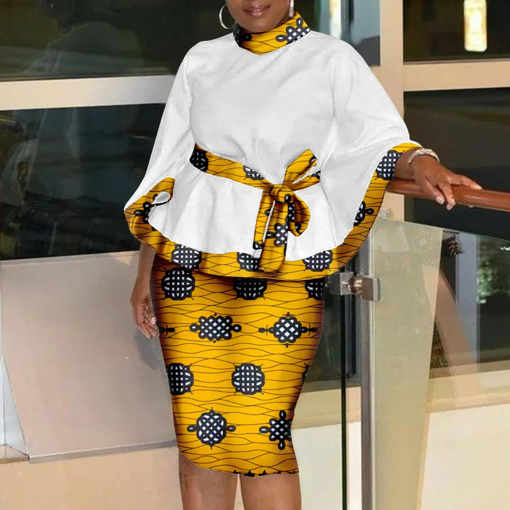 Women`s Casual African Clothing Traditional Set Dashiki Print Shirt and Ankara Skirt 2 Piece Tribal Outfits S2026009