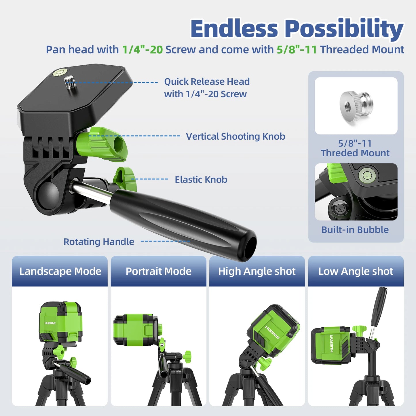Huepar Multifunction Laser Level Tripod 1.52M With 360° Rotation Pan Head & Level Bubble Adjustable Stand For Laser Meter,Camera