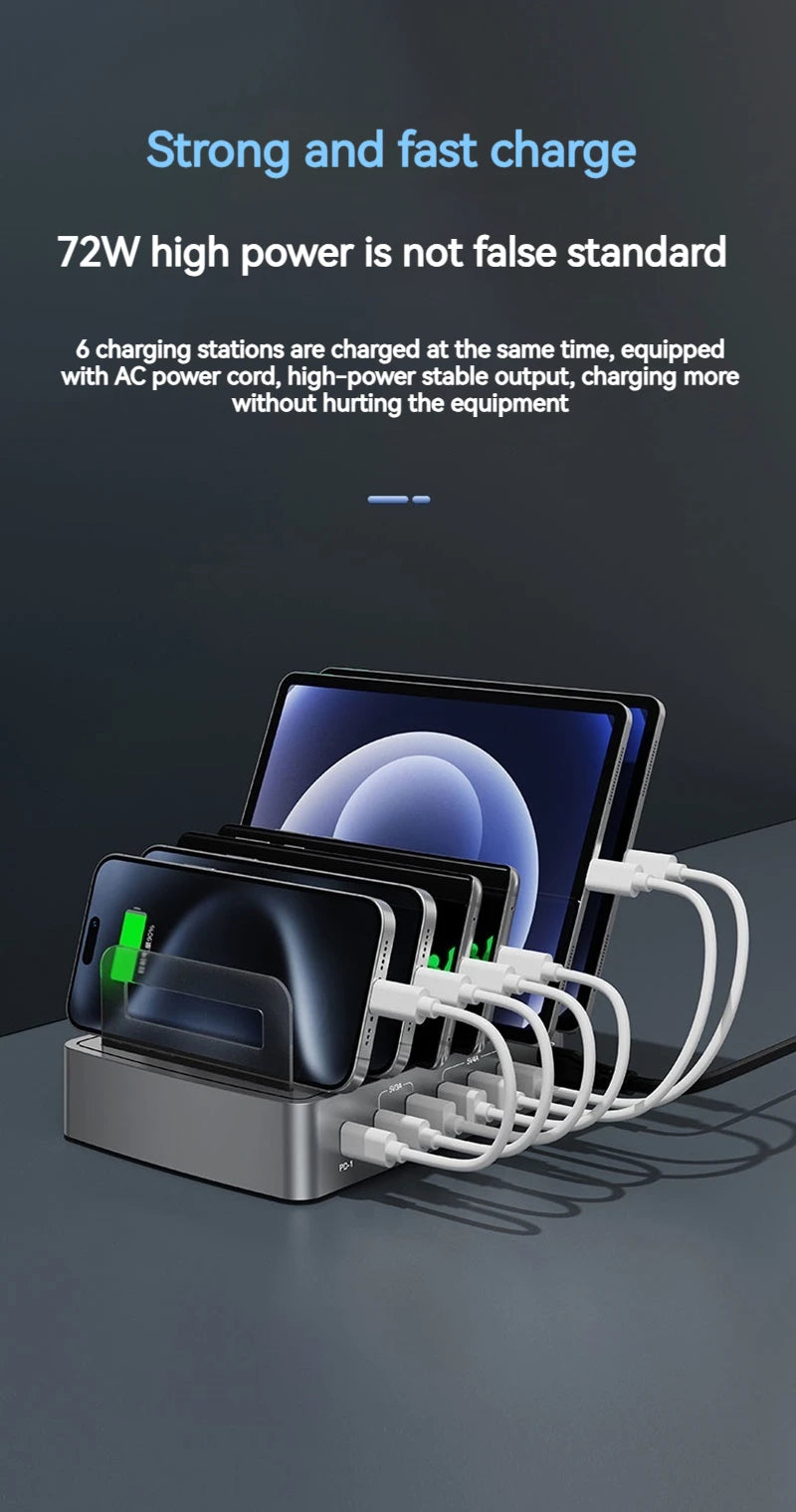 6IN1 Universal 72W 6 Port Multi USB Type C QC3.0 Charger PD Fast Charging Dock Station for Iphone 16 15 14 13 12 Pro Max Samsung