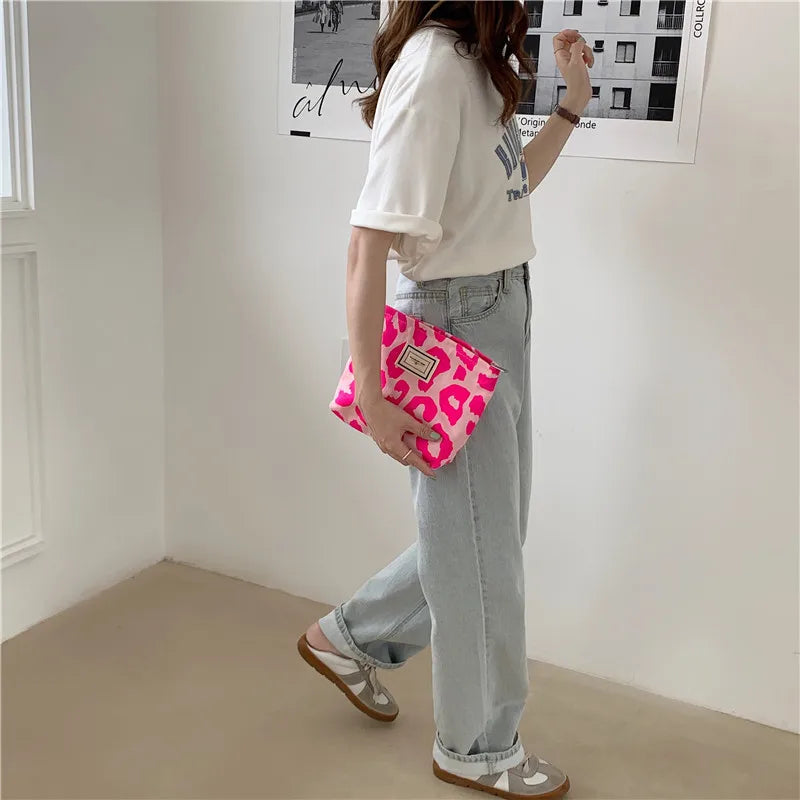 Pink Leopard Print Women Cosmetic Bag Retro Flower Ladies Small Clutch Purse Travel Handbags Schoolgirl Pencil Storage Bags