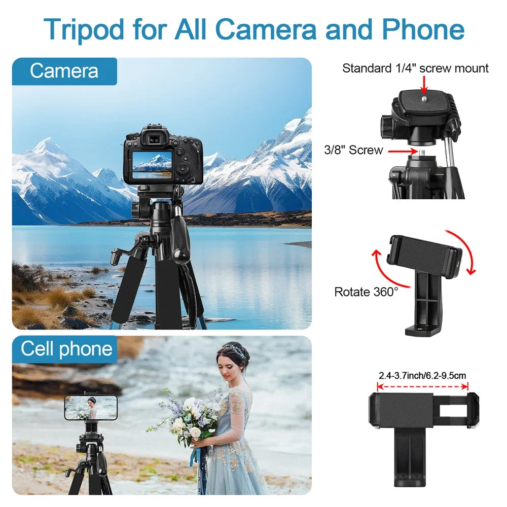 Q188 187cm/73in Tall Tripod Stand for Professional Camera Spotlight Telescope Binoculars 360° Rotatable Phone Holder for Video