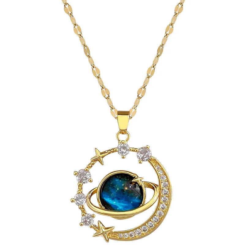 Blue Fantasy Saturn Planet Crystal Necklace for Women Girls Accessories Jewelry Gifts for Friends Family Stainless Steel Chain