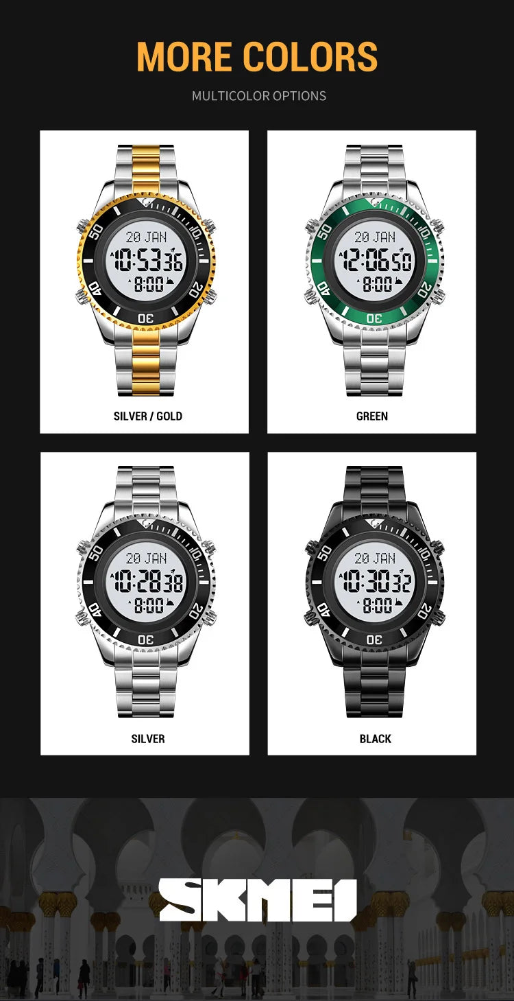 SKMEI 2141 Stainless Steel Digital Watche Muslim Azan Prayer Compass Clock Adhan Alarm Hijri Islamic Wristwatch with Back Light