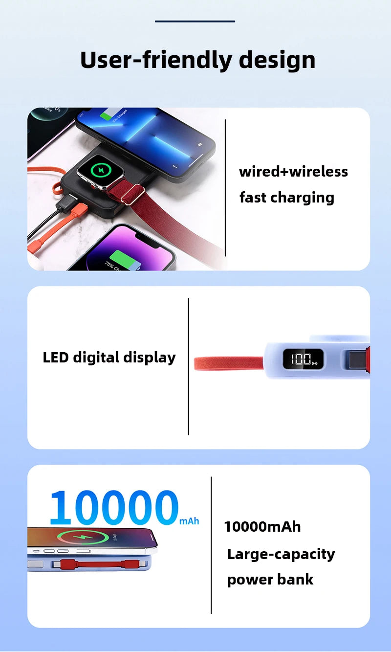 10000mAh Magnetic Wireless Power Bank With Cable Portable USB C Fast Charging External Battery For IPhone 15 Samsung Apple Watch