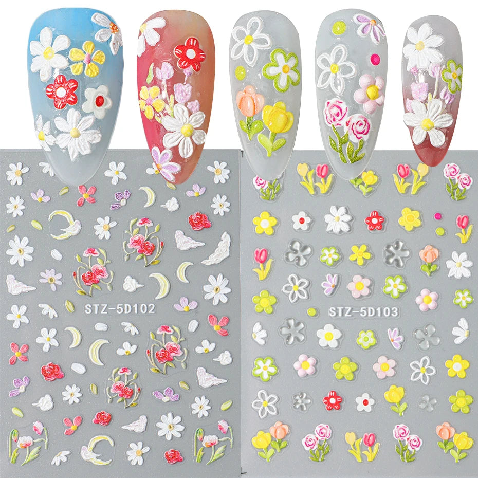 5D Embossed Flower Nail Stickers Decals Sunflower Daisy Spring Engraved Sliders DIY Manicure Decoration Accesories