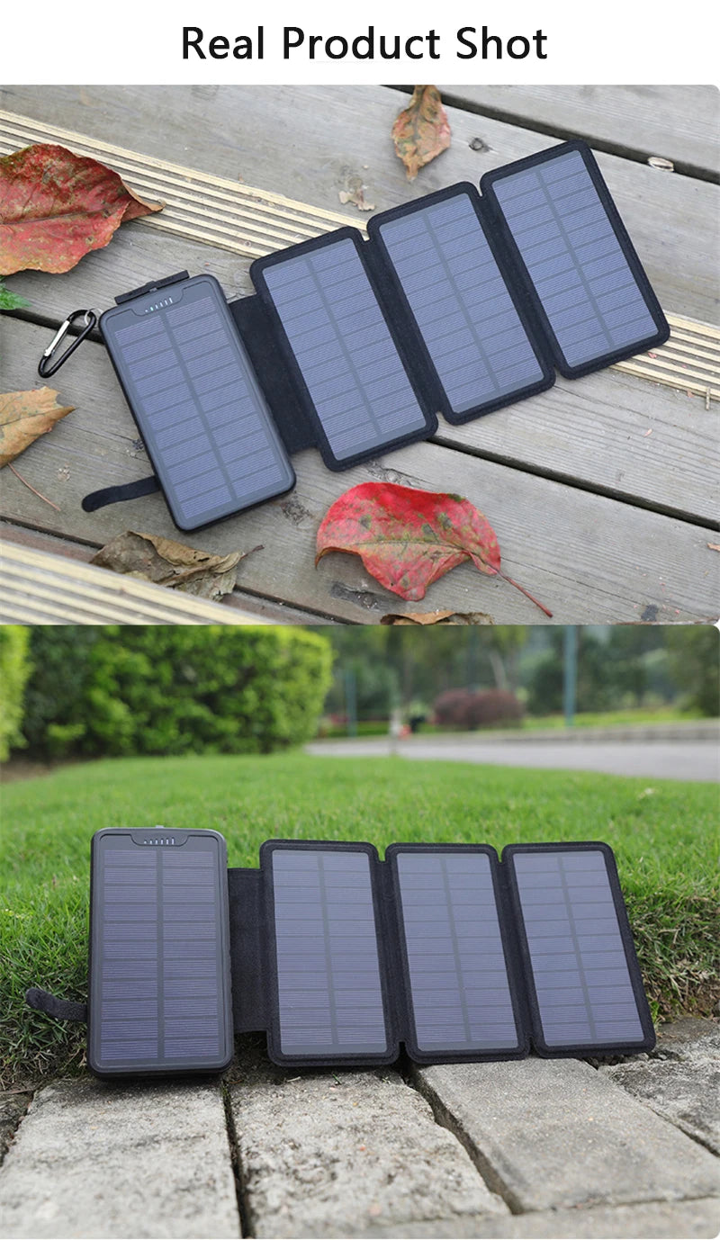 Folding Solar Power Bank 20000mAh Portable External Battery Charger for iPhone 14 13 Powerbank with LED Light Dual 2.1A USB Port