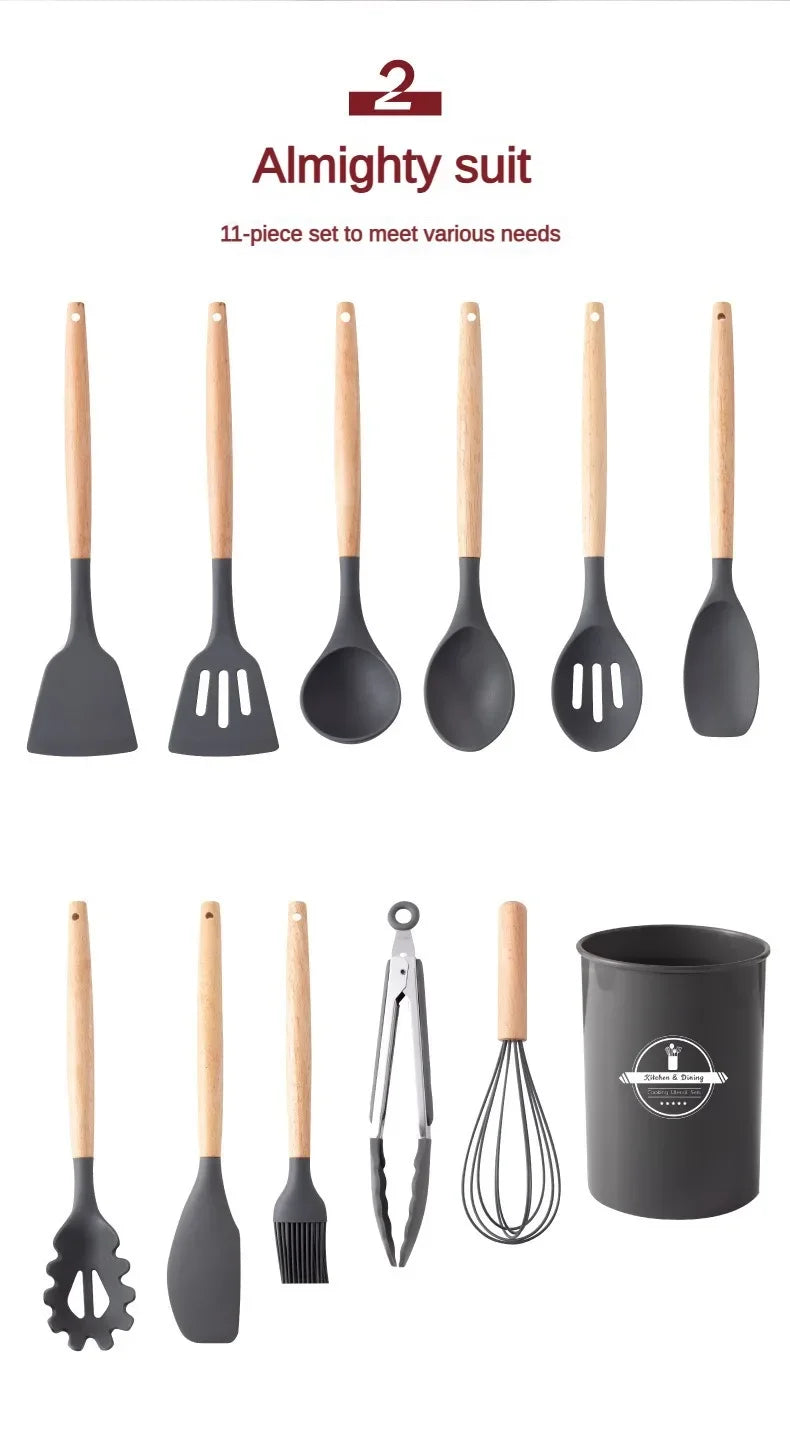 12Set of Wooden Handle Silicone Household Kitchen Tools Non-Stick Pan Cooking Spatula and Soup Spoon Silicone Kitchenware Set