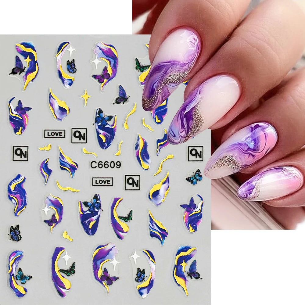 1Pcs Blue Purple Marble Stripe 3D Nail Art Stickers Bronzing Wave Line Ink Blooming Geometry Slider Self-Adhesive Manicure Decal
