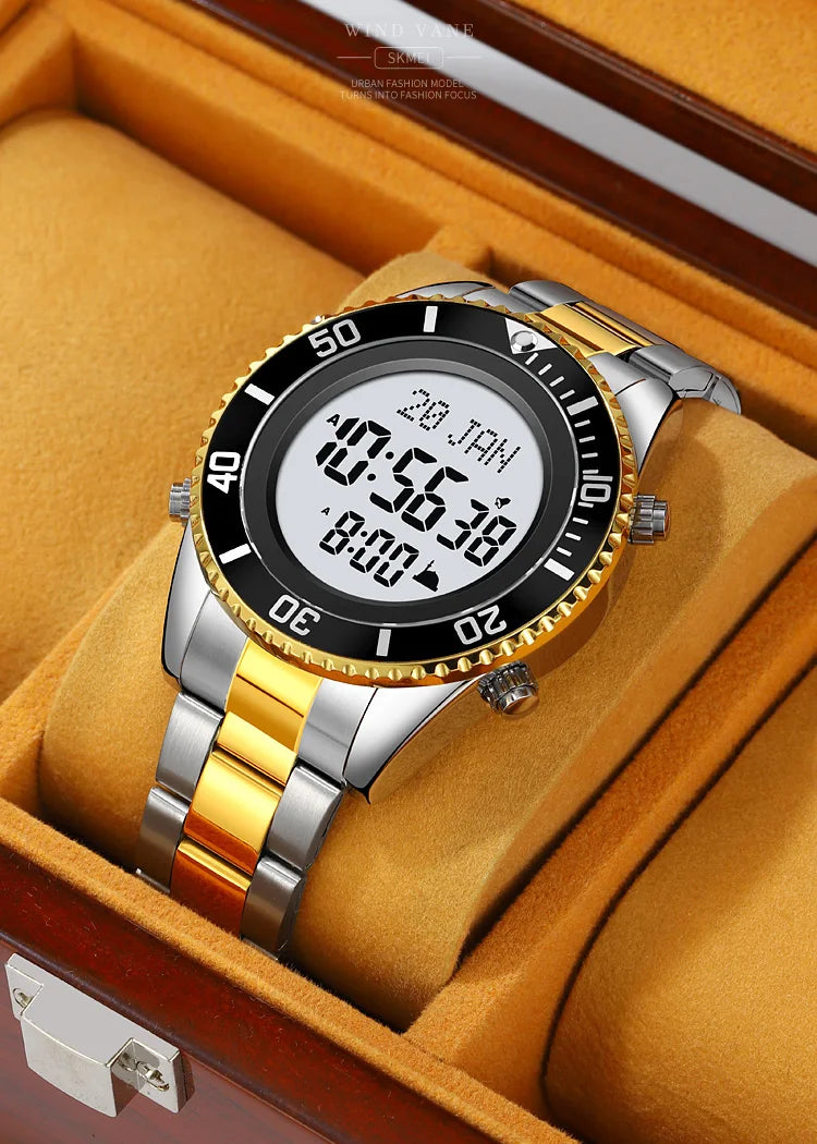SKMEI 2141 Stainless Steel Digital Watche Muslim Azan Prayer Compass Clock Adhan Alarm Hijri Islamic Wristwatch with Back Light