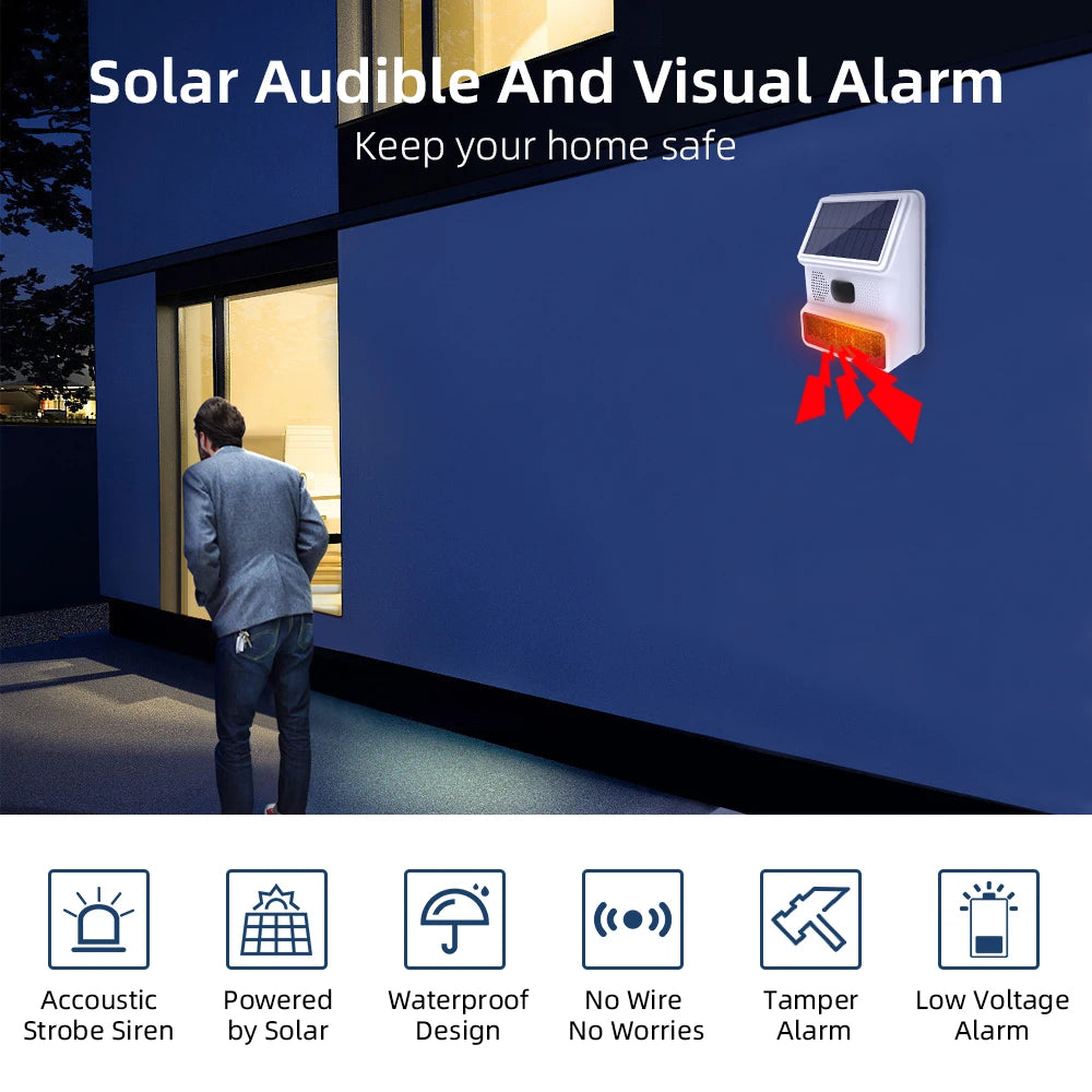 433MHz Solar Outdoor Waterproof Siren with LED Flashing Light Function as Home Garage Shed Alarm System