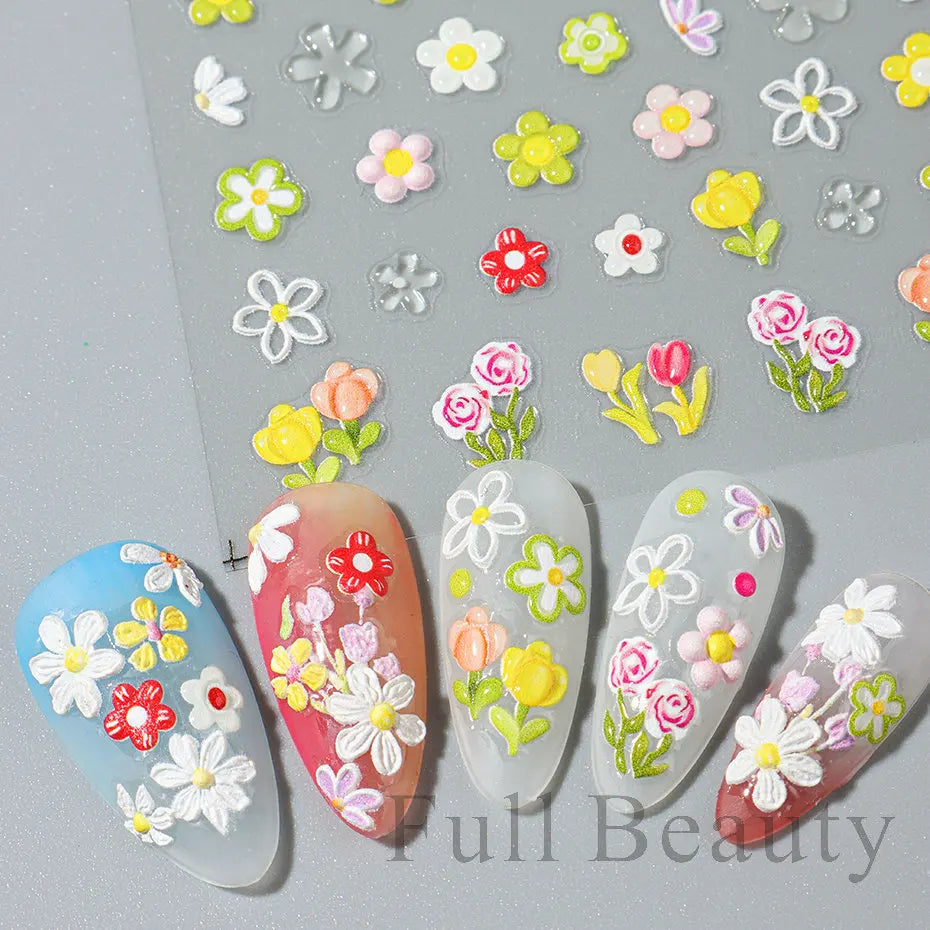 5D Embossed Flower Nail Stickers Decals Sunflower Daisy Spring Engraved Sliders DIY Manicure Decoration Accesories