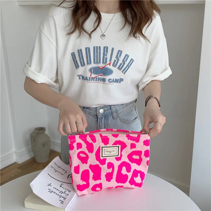 Pink Leopard Print Women Cosmetic Bag Retro Flower Ladies Small Clutch Purse Travel Handbags Schoolgirl Pencil Storage Bags