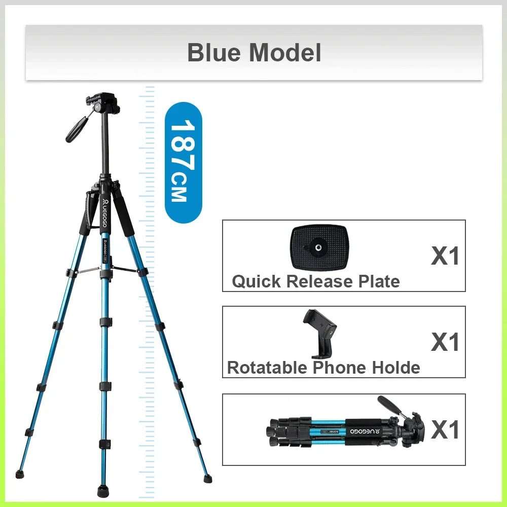 Q188 187cm/73in Tall Tripod Stand for Professional Camera Spotlight Telescope Binoculars 360° Rotatable Phone Holder for Video