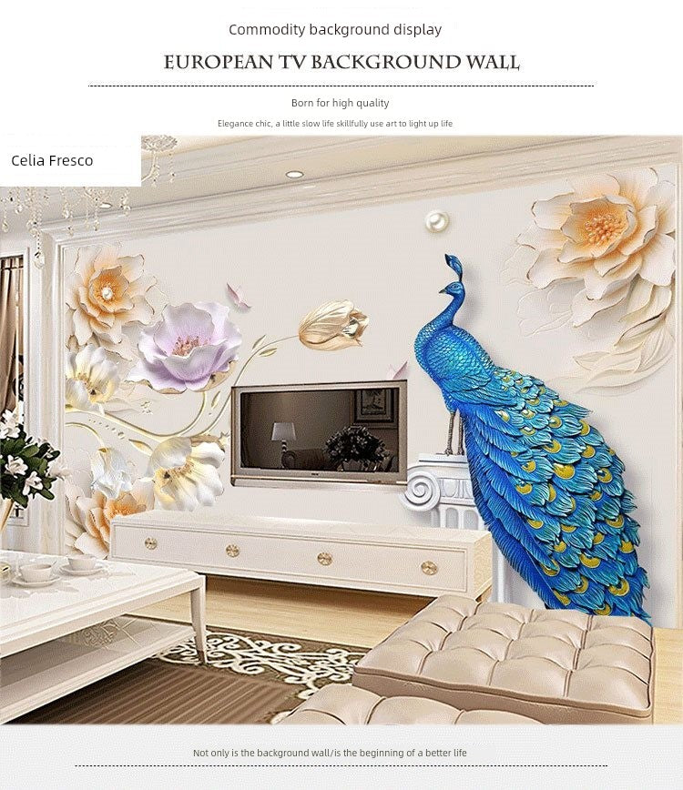 European-Style 3D TV Background Wallpaper Chinese Style Living Room Bedroom Peacock 5 8D Three-Dimensional Concave-Convex Relief Wall Cloth Mural