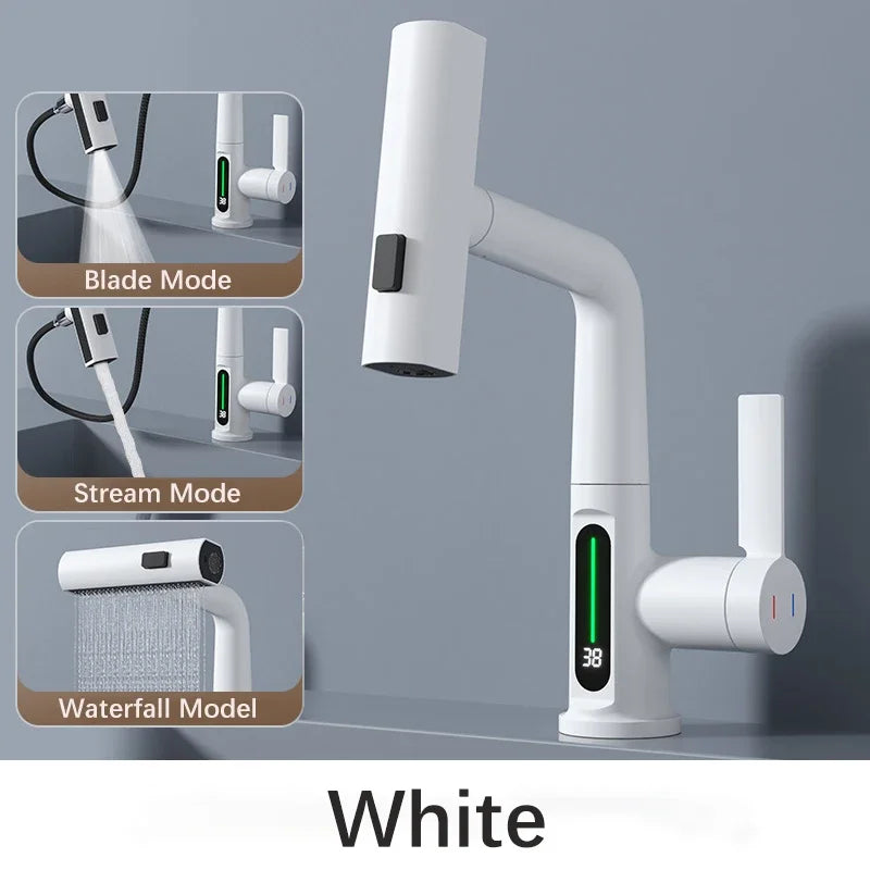 Waterfall Temperature Digital Display Basin Faucet Lift Up Down Stream Sprayer Hot Cold Water Sink Mixer Wash Tap For Bathroom
