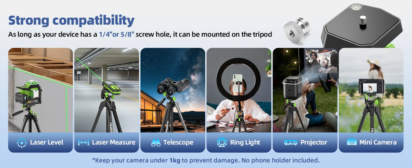 Huepar Multifunction Laser Level Tripod 1.52M With 360° Rotation Pan Head & Level Bubble Adjustable Stand For Laser Meter,Camera