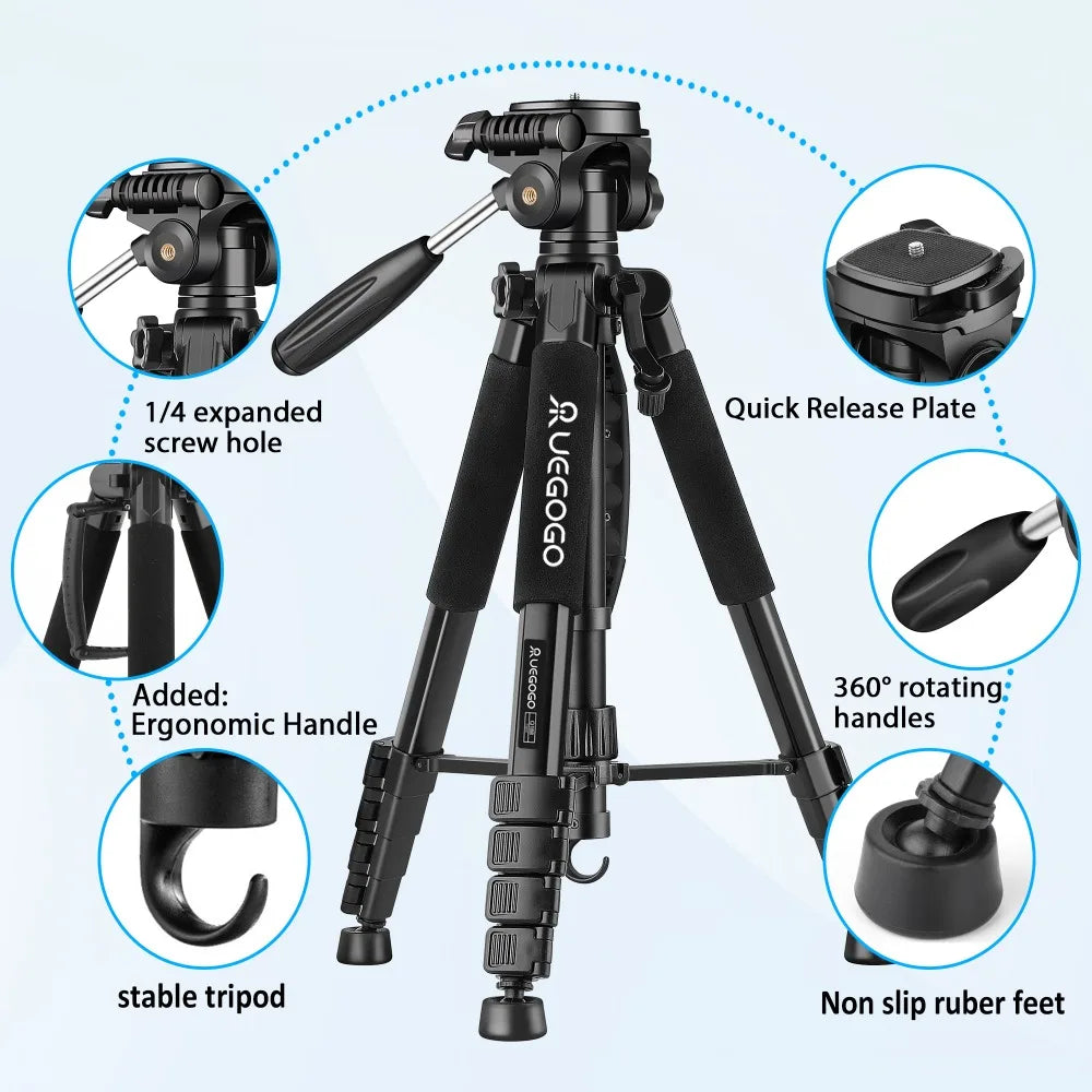Q188 187cm/73in Tall Tripod Stand for Professional Camera Spotlight Telescope Binoculars 360° Rotatable Phone Holder for Video