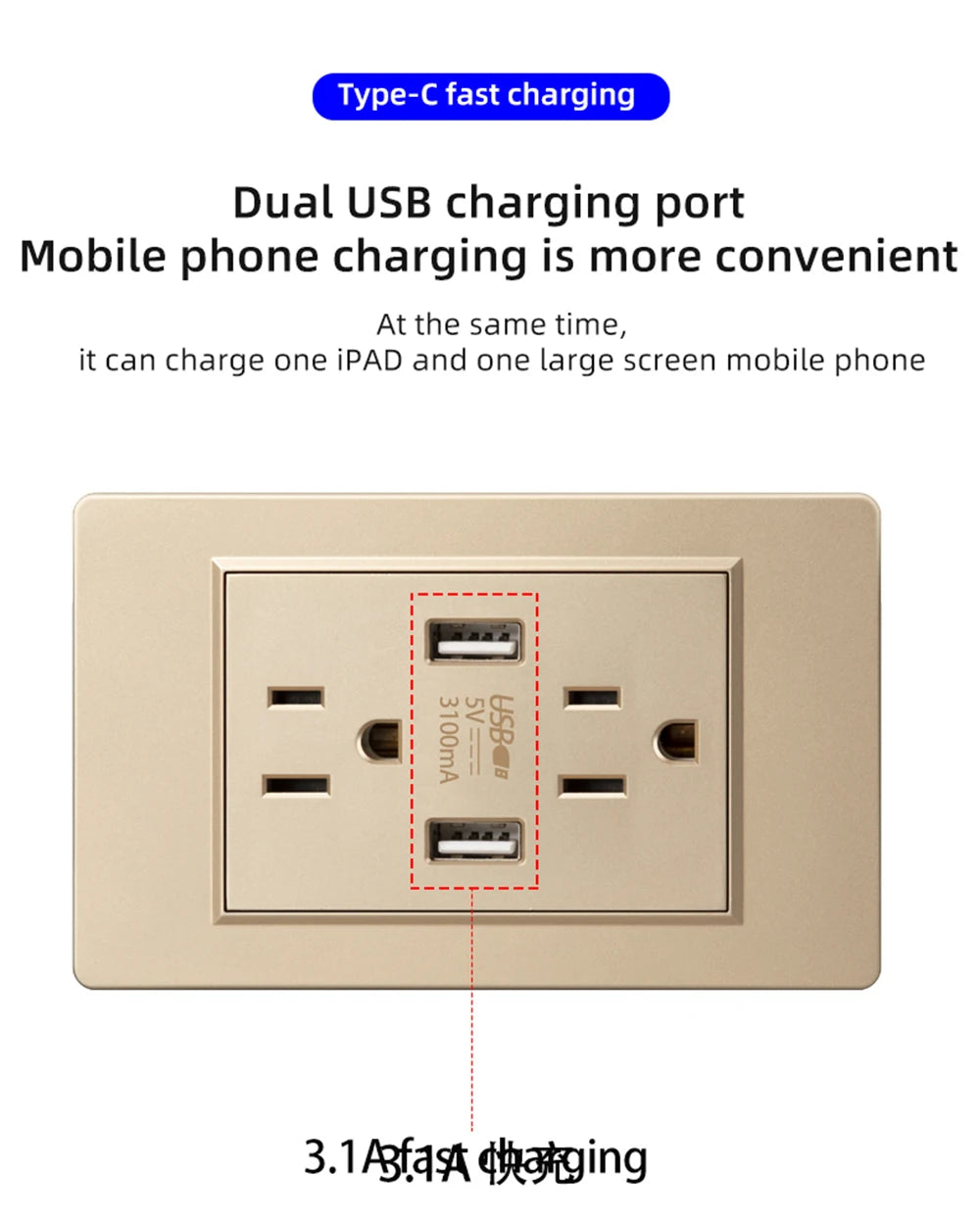 Herepow 118 Series Thailand American Standard Dual USB Wall Socket Smart Home Appliance Plug Adapter Type-c 3.1A Fast Charging