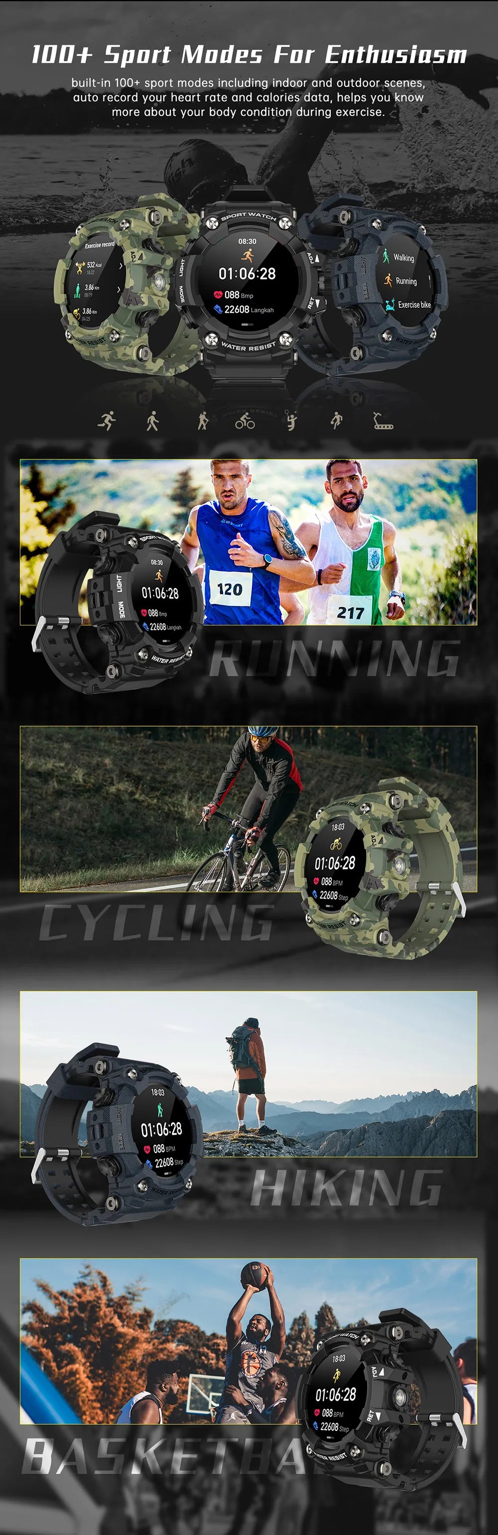T6plus Compass Altitude Air Pressure Smart Watch  100+ Sport Mode Fitness Tracker Outdoor Military Smartwatch