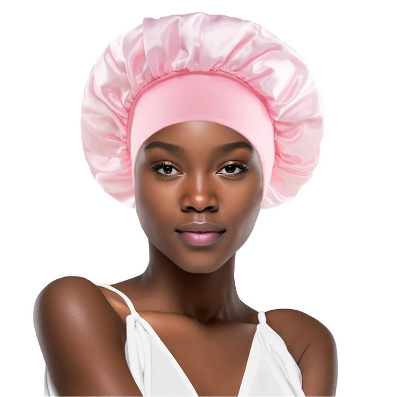 Satin Bonnets Night Sleeping Cap Large Elastic Wide Soft Band Colorful Silk Hat for Curly Hair Care Beauty Makeup for Women