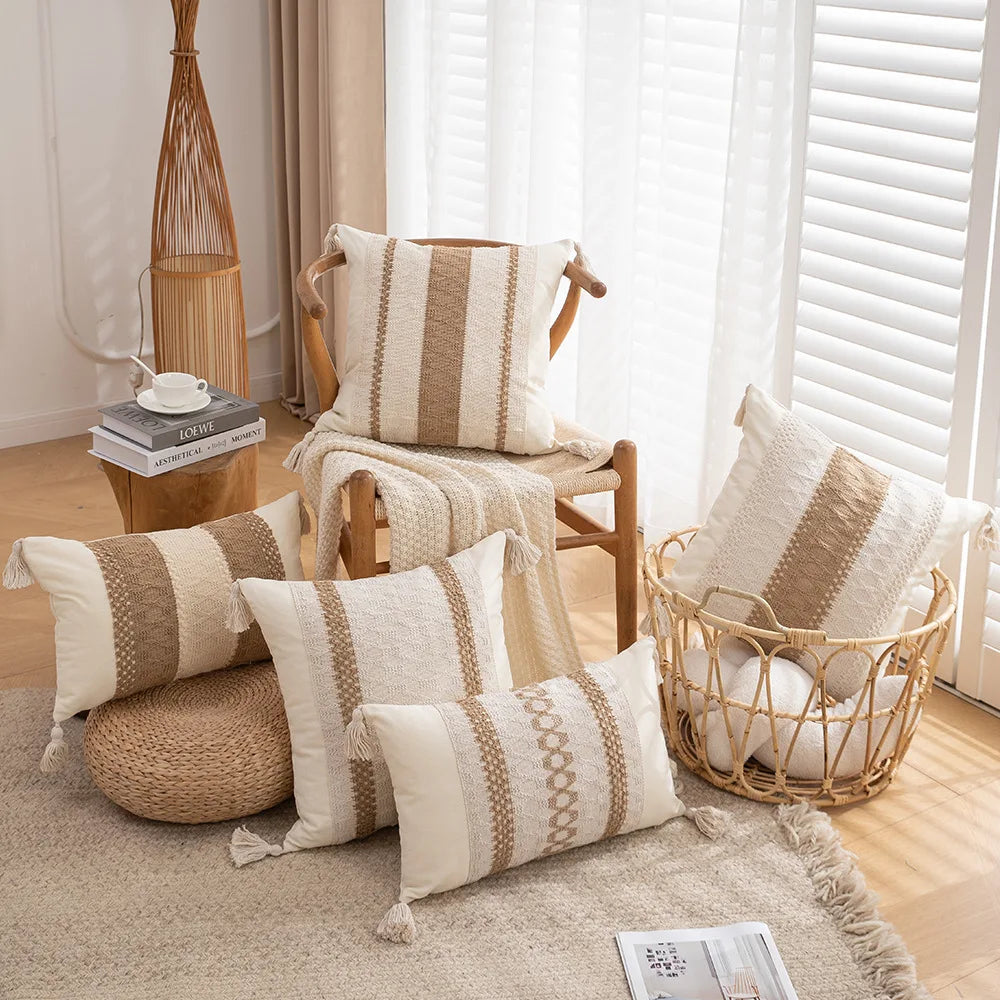 30x50/45x45cm Bohemian Linen Embroidered Fringed Throw Pillow Cover Waist Light Luxury Cushion Cover Pillowcase Home Decor